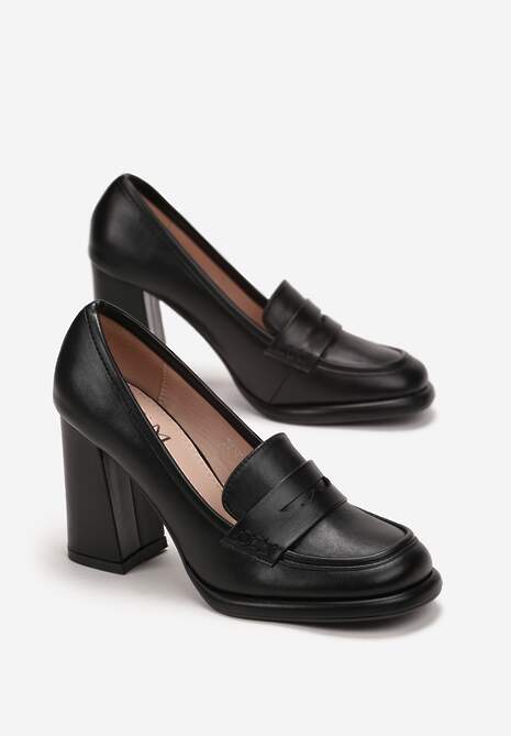 Czarne Półbuty na Słupku z Przeszyciami Demese