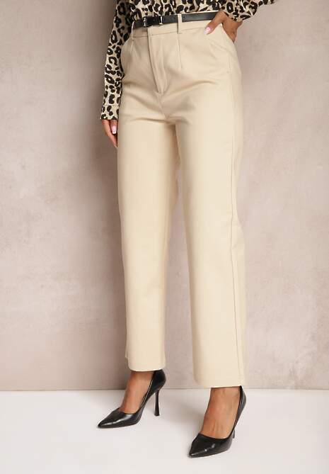 Jasnobeżowe Spodnie z Dodatkiem Bawełny o Klasycznym Kroju z Paskiem Lilatria