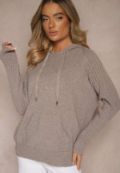 Ciemnobrązowy  Sweter z Wiskozą i Kaszmirem oraz z Kapturem Nerolin