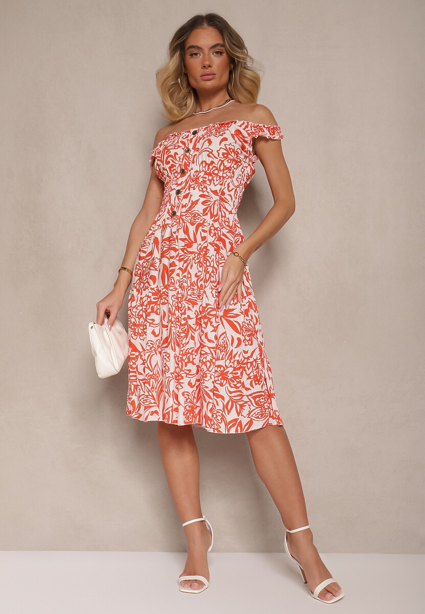 Czerwona Rozkloszowana Sukienka z Bawełny z Guzikami Lisanissea