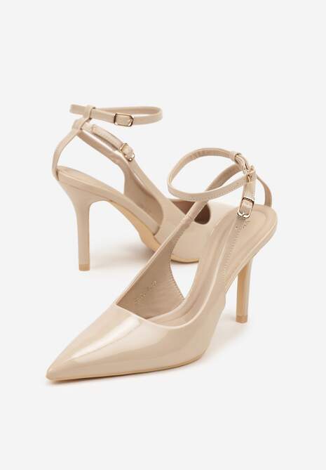 Beżowe Sandały Lakierowane Vices na Szpilce Typu Slingback Dolenita