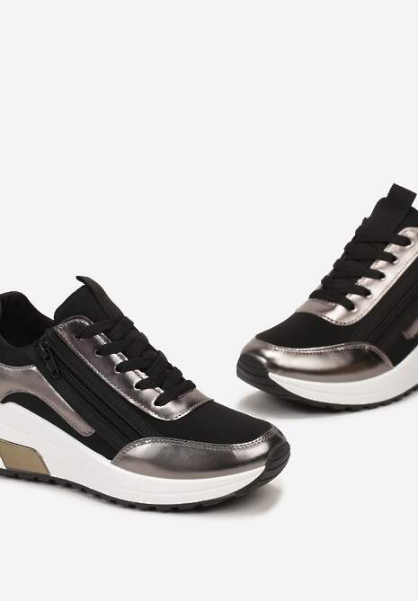 Czarne Sneakersy z Ekoskóry z Połyskującymi Detalami i Ozdobnym Zamkiem Raviles