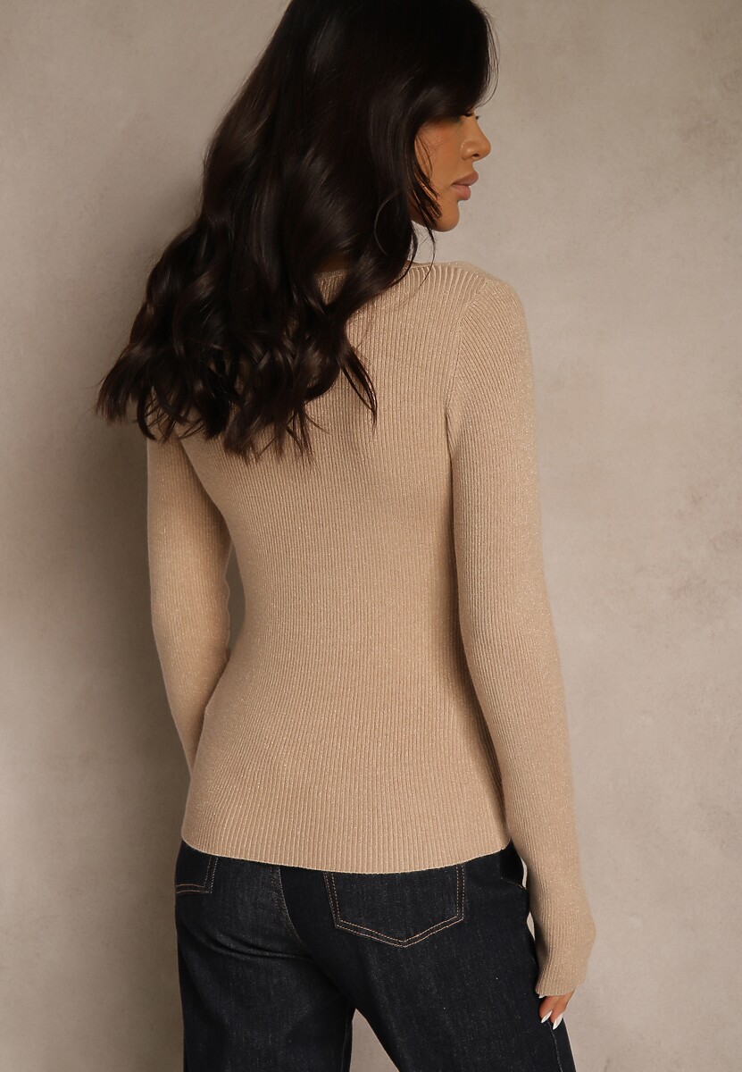 Beżowy Sweter z Wiskozą Ozdobiony Metaliczną Nitką Liatolla