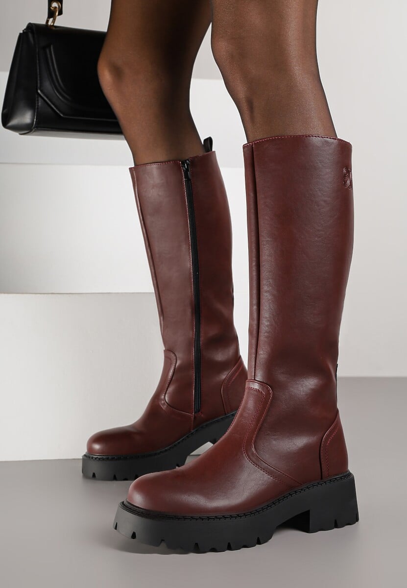 Bordowe Kozaki VICES na Platformie z Tłoczonym Zdobieniem przy Cholewce Uniresa