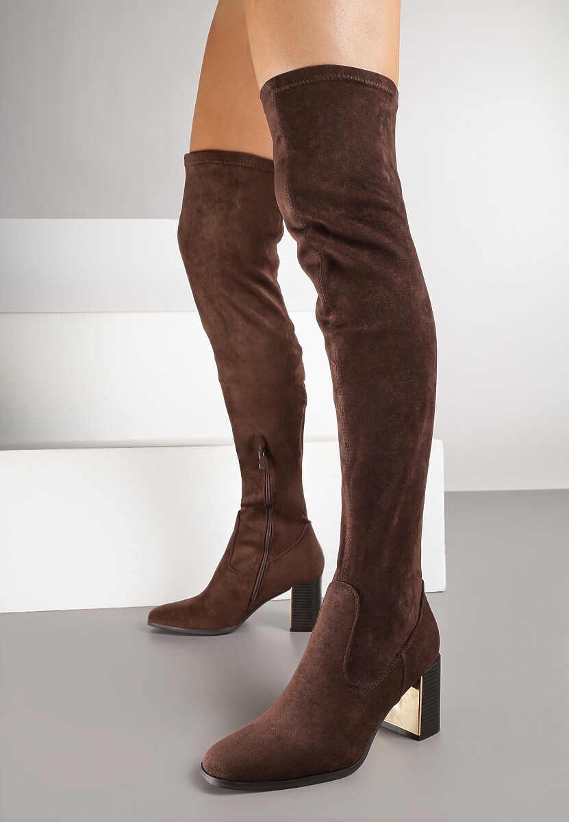 Bordowe Długie Kozaki za Kolano z Imitacji Zamszu na Metalicznym Obcasie Terephne