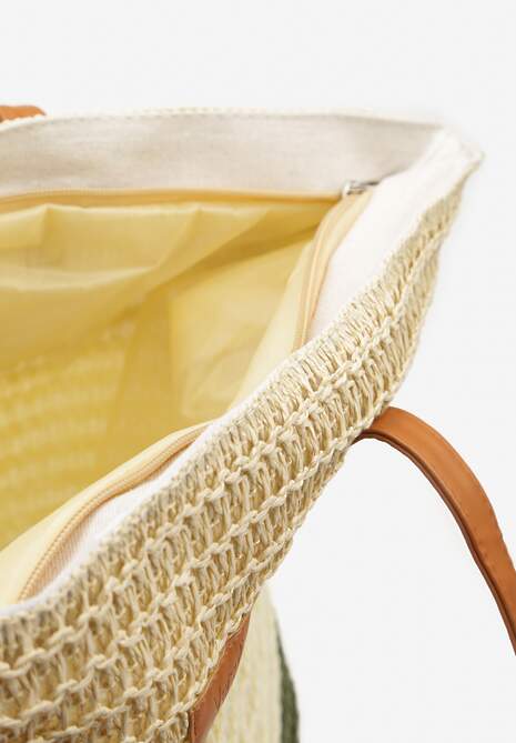 Beżowo-Zielona Jednokomorowa Torebka Tote Ozdobiona Plecionką Elwing