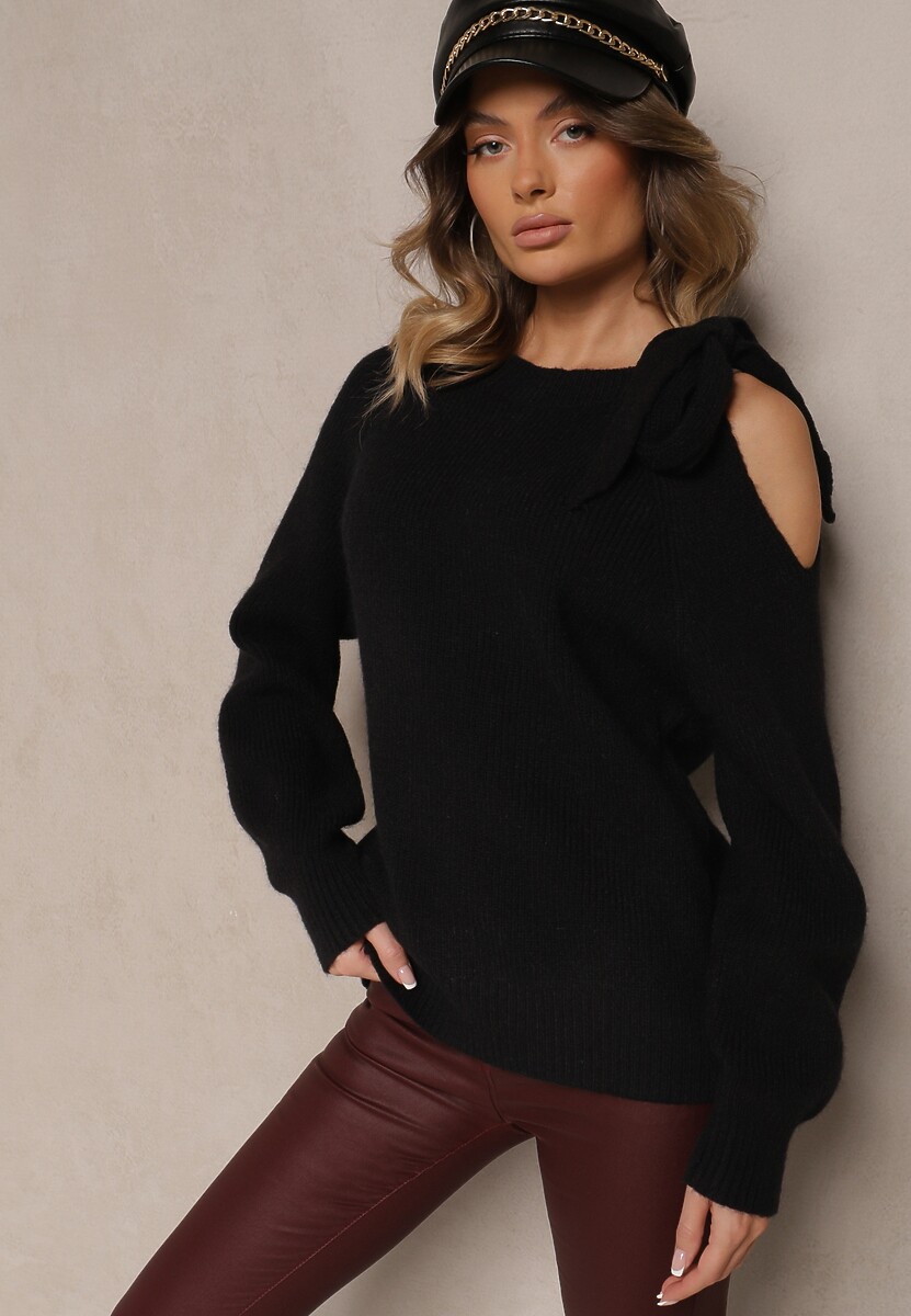 Beżowy Sweter z Ozdobnym Wiązaniem i Wycięciem na Ramieniu Eledi