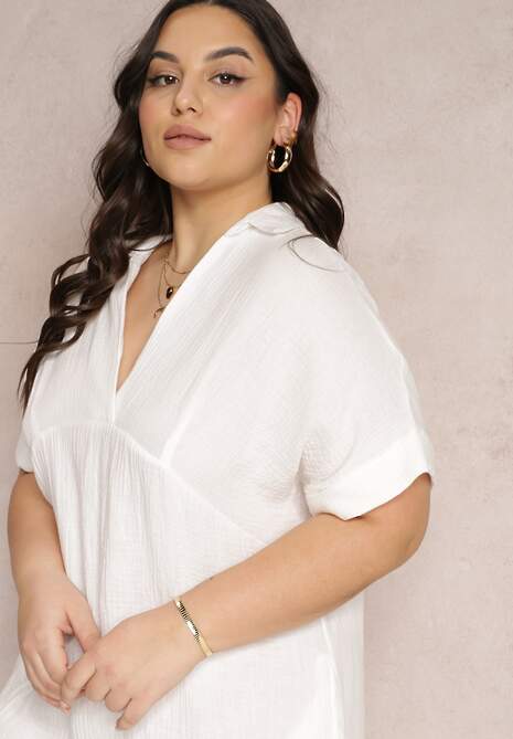 Biała Bawełniana Sukienka Mini o Pudełkowym Fasonie z Kołnierzykiem Elealla