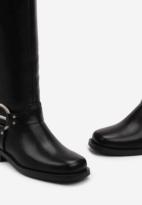 Czarne Kozaki Biker z Kwadratowym Noskiem i Ozdobną Klamerką Verveli