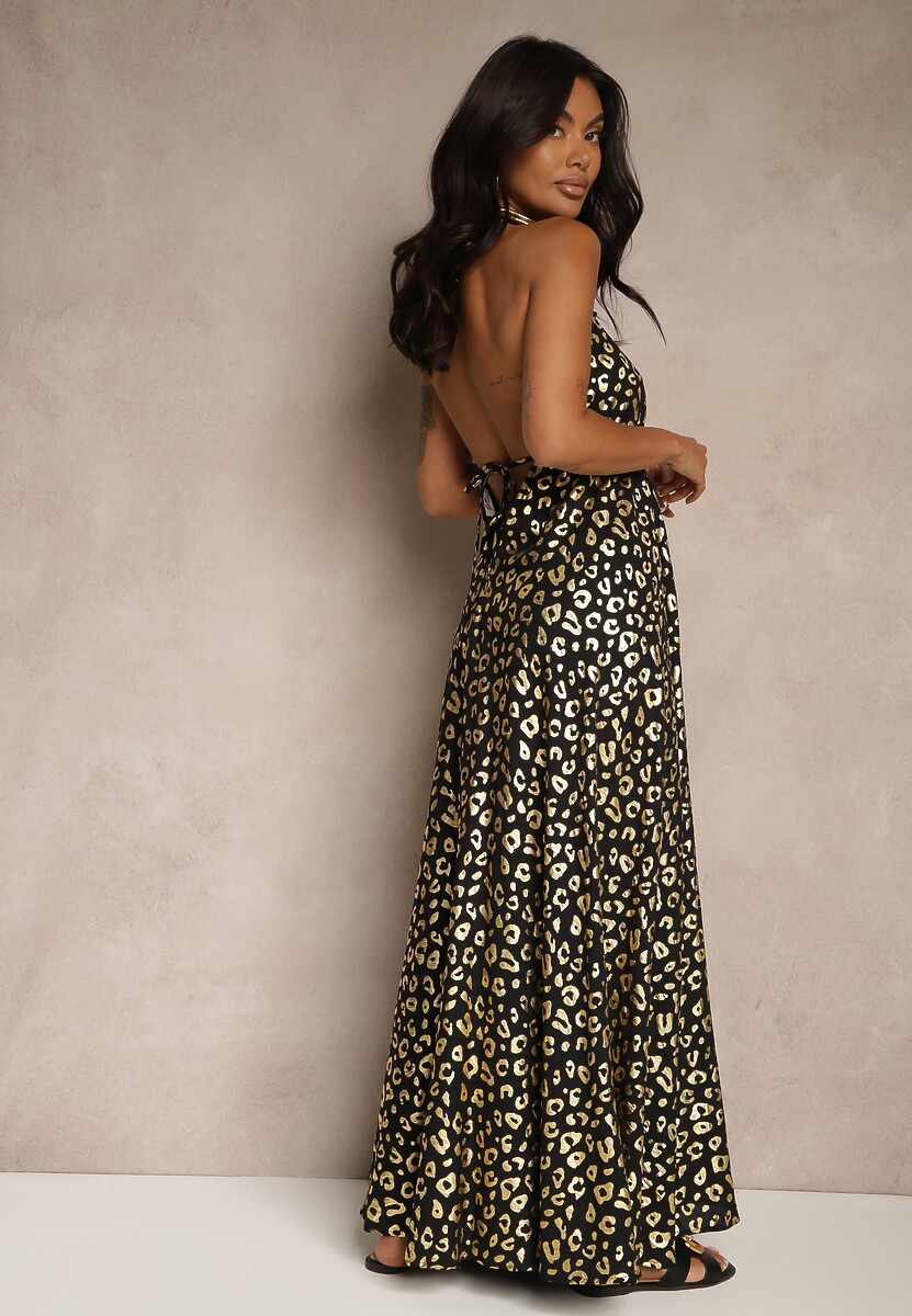 Czarna Wiskozowa Sukienka Halter Zdobiona Metalicznym Nadrukiem w Panterkę Linaruna