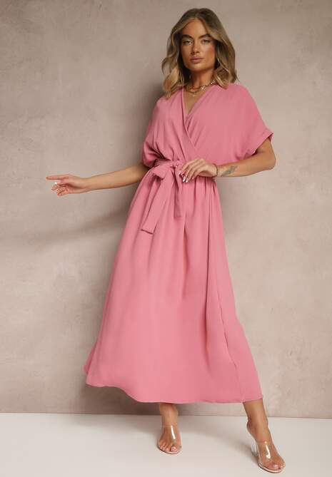 Różowa Rozkloszowana Sukienka z Bawełną i Paskiem Lunapinia