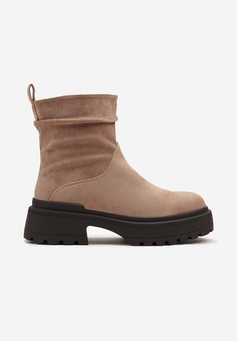 Ciemnobeżowe Krótkie Botki z Marszczoną Cholewką i Platformą Caverine