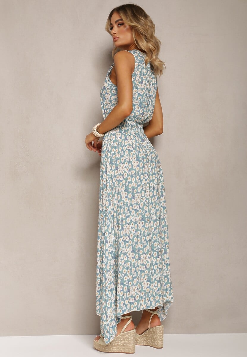 Miętowa Bawełniana Sukienka z Gumką w Pasie Kopertowym Dekoltem w Kwiaty Anelette