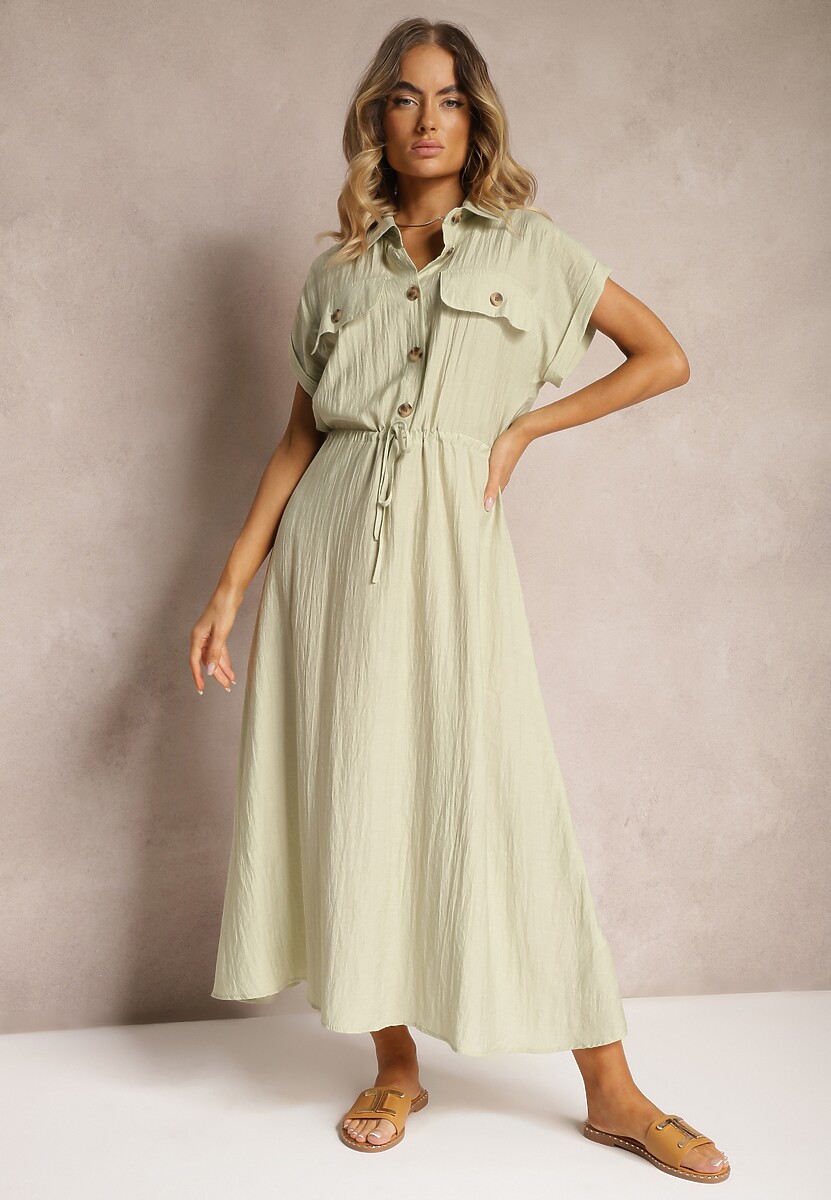 Jasnozielona Sukienka z Wiskozy o Rozkloszowanym Kroju z Gumką w Pasie i Napami Memvia