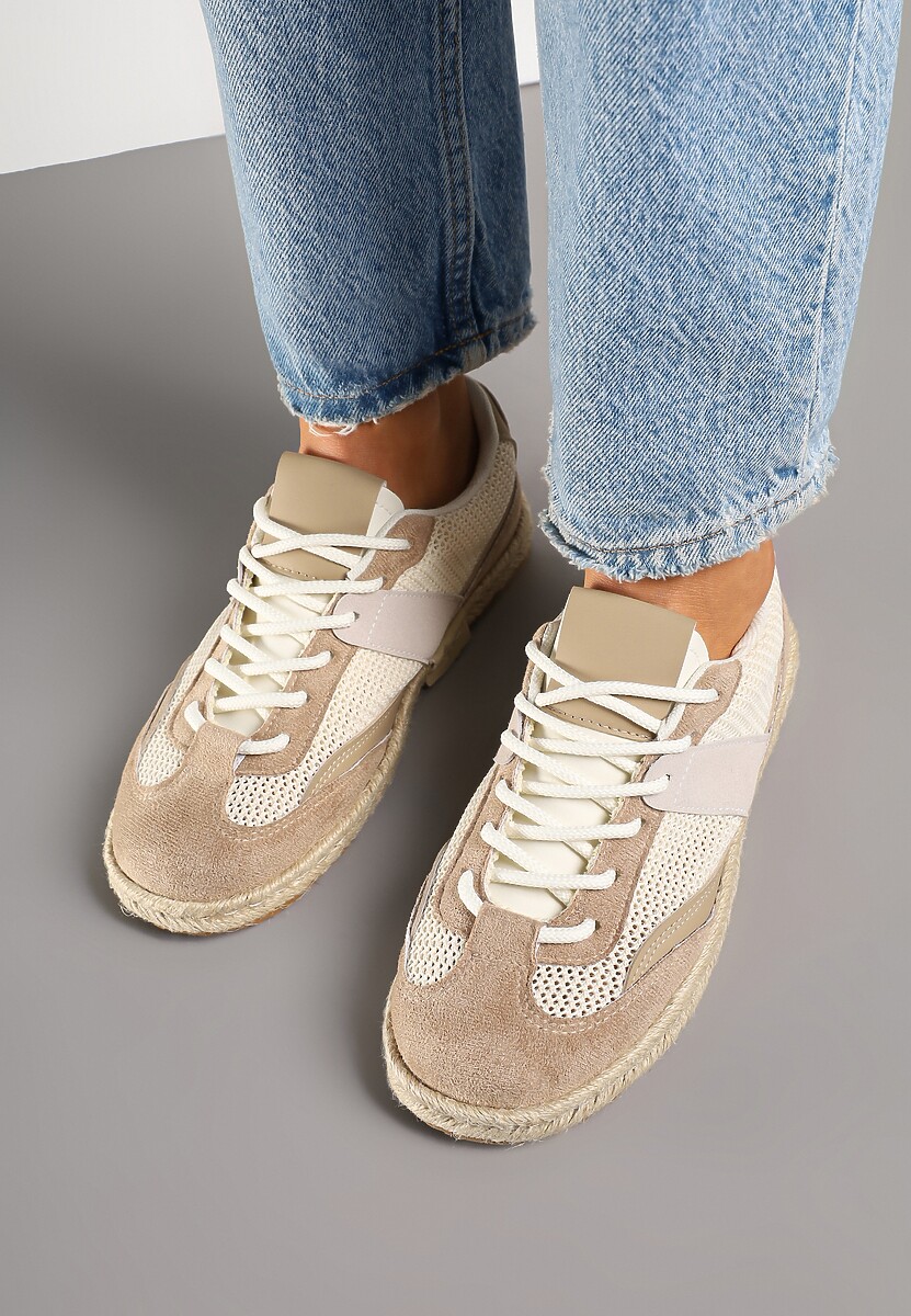 Ciemnobeżowe Sneakersy Typu Kultowe Tenisówki Zdobione Przeszyciami Grelloti