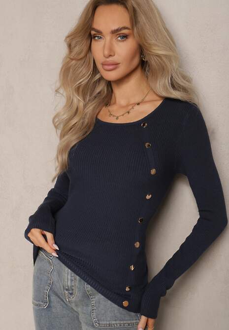 Granatowy Sweter z Wiskozą Ozdobiony Metalicznymi Aplikacjami Malittia