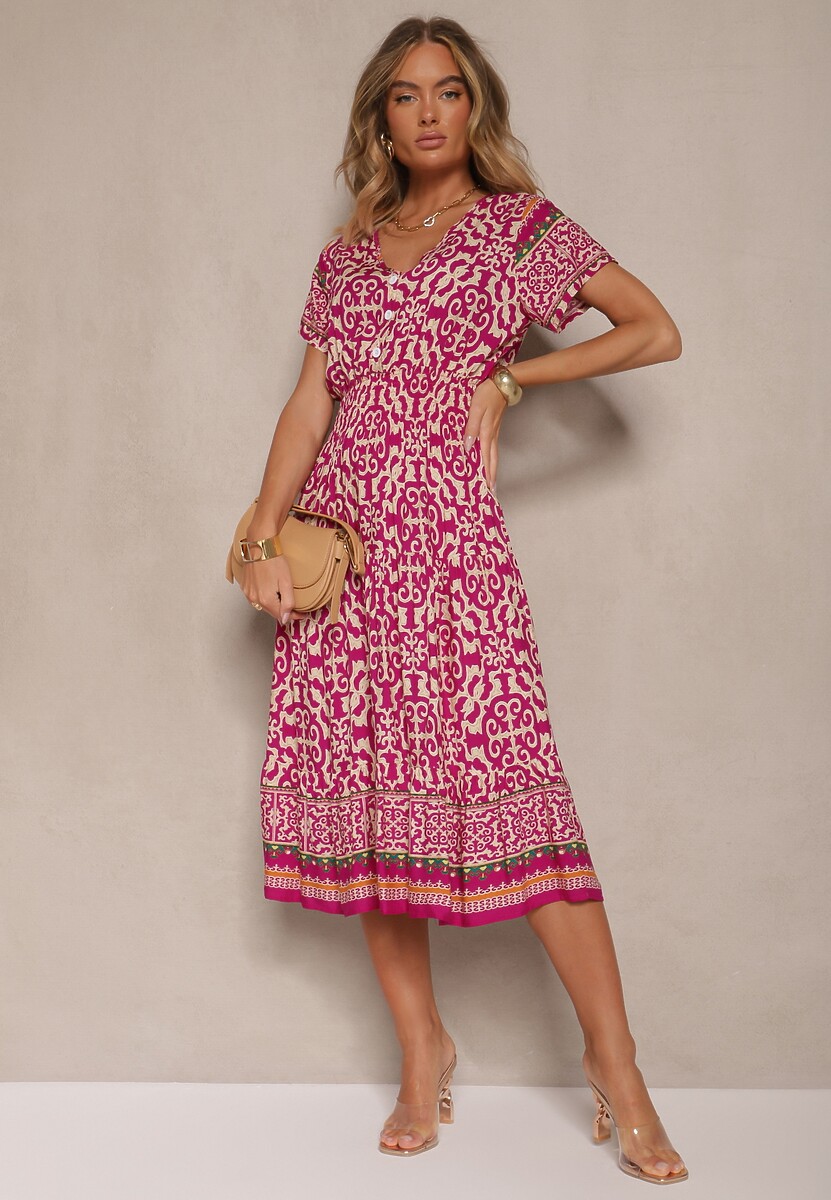 Fioletowa Sukienka z Bawełny Ozdobiona Ornamentnym Motywem Fillena