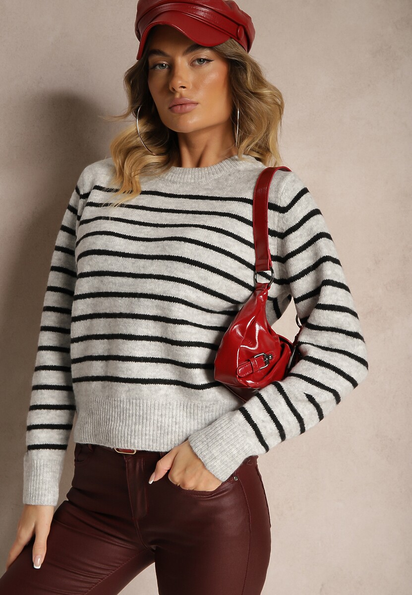 Jasnoszary Casualowy Sweter w Paski o Prostym Kroju Riavelleth