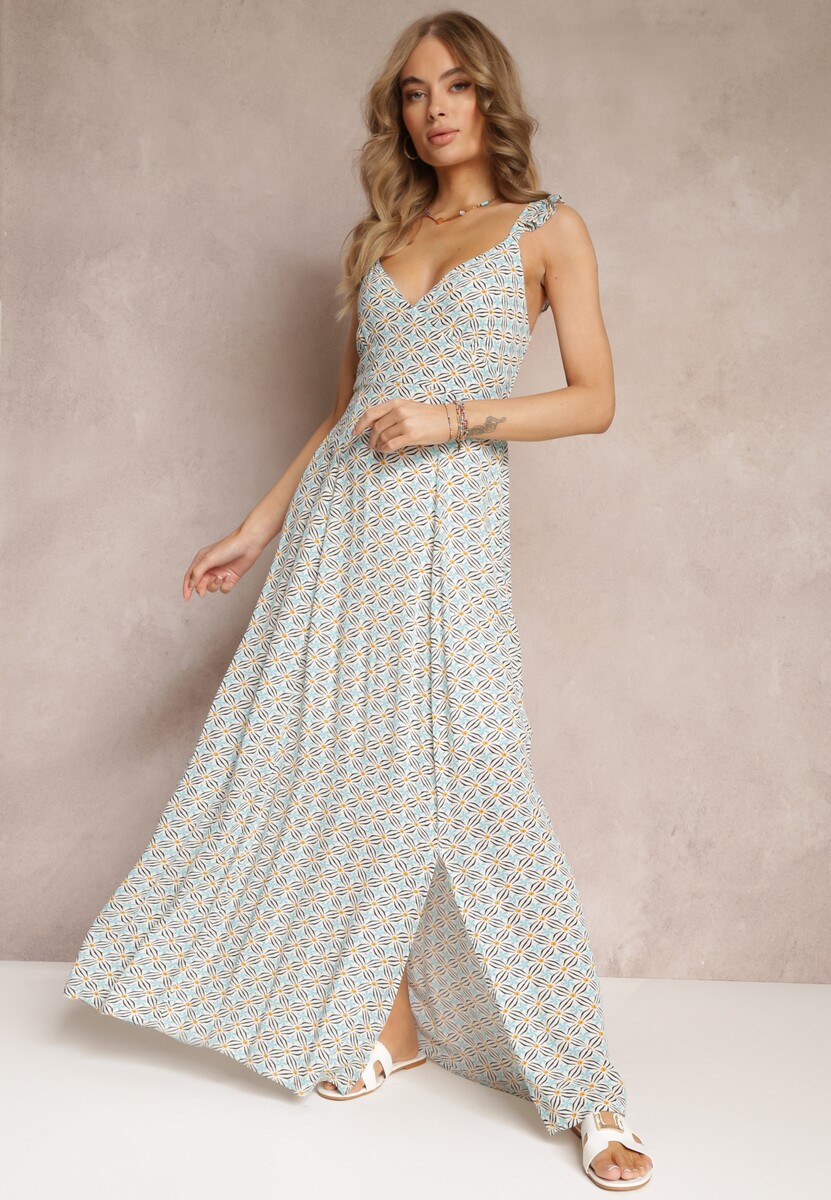 Niebiesko-Biała Rozkloszowana Sukienka Maxi z Ozdobnymi Ramiączkami i Głębokim Dekoltem z Wiskozy Jesa