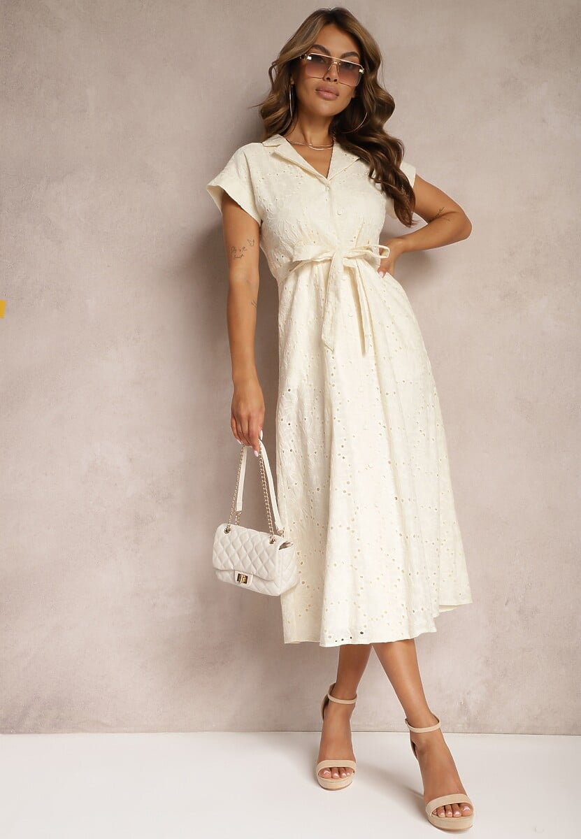 Beżowa Rozkloszowana Koszulowa Sukienka z Bawełny z Ażurowym Zdobieniem i Paskiem Ilosofia