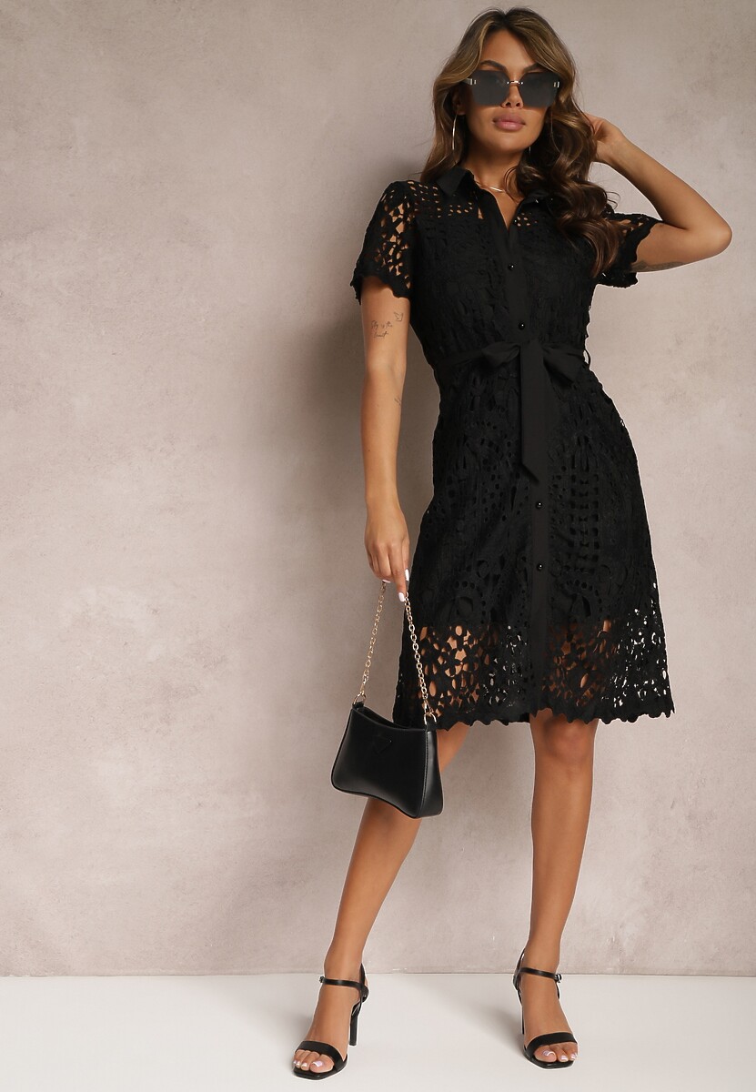 Czarna Koszulowa Sukienka Midi z Ażurowym Zdobieniem Tatrasi
