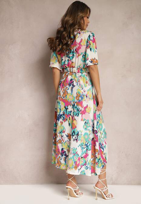 Biało-Zielona Asymetryczna Sukienka z Gumką w Pasie i Kopertowym Dekoltem Perlana