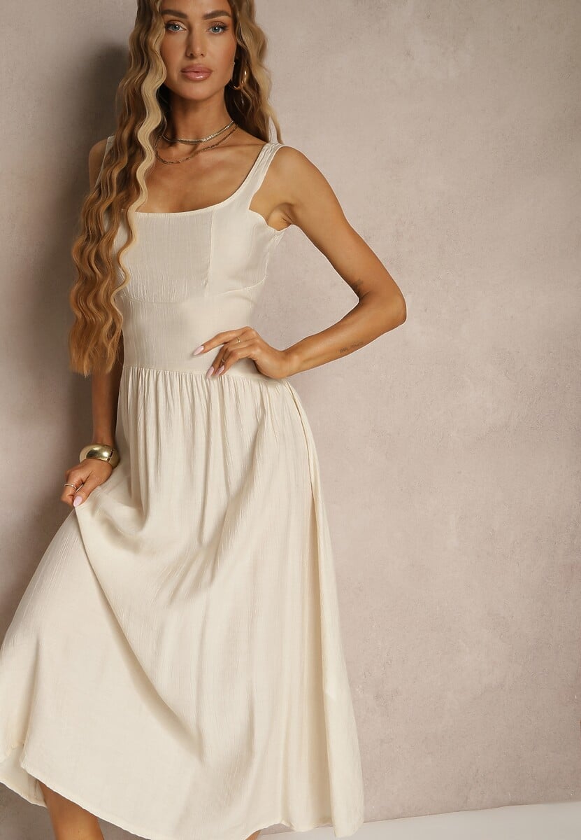 Beżowa Rozkloszowana Sukienka z Wiskozy Milunisa