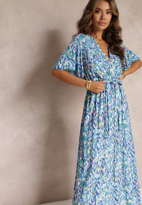 Niebieska Kopertowa Sukienka Maxi z Metalicznym Nadrukiem i Gumką w Talii Manfre