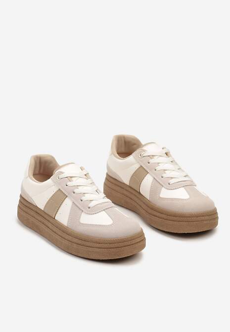 Ciemnobeżowe Sneakersy na Grubej Podeszwie z Ozdobnymi Przeszyciami Ysdole