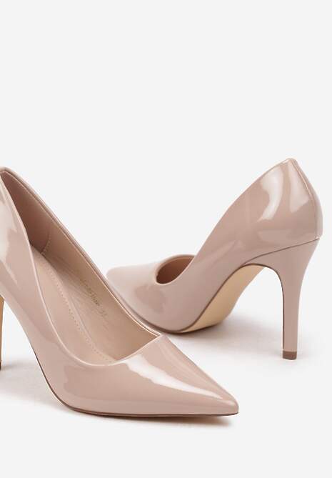 Ciemnobeżowe Szpilki Lakierowane w Klasycznym Stylu Rotina