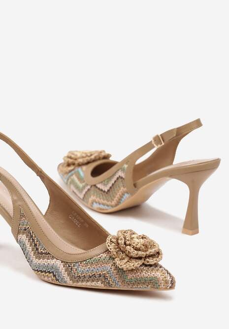 Brązowe Plecione Sandały na Szpilce z Odkrytą Piętą i Kwiatową Aplikacją Sillifia