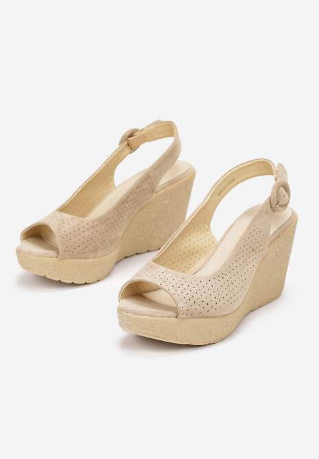 Ciemnobeżowe Sandały na Koturnie z Cholewką z Perforacją i Odkrytym Noskiem Aldonie