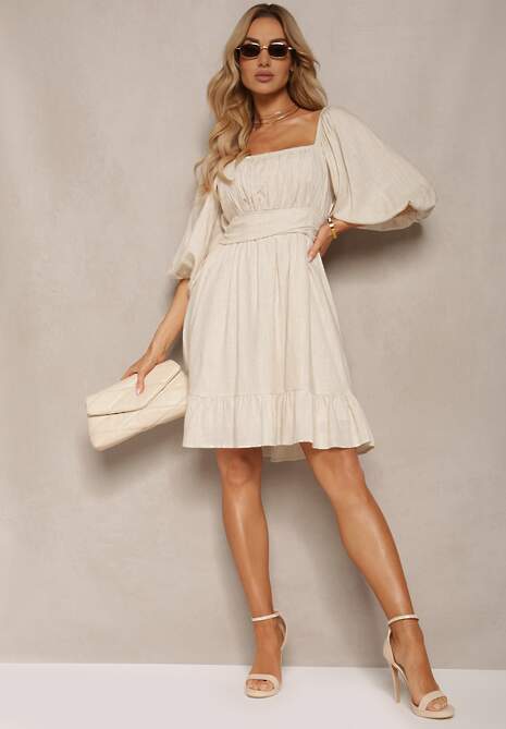 Beżowa Sukienka z Lnem i Wiskozą Wykończona Podszewką Falbanką i Gumką w Talii Alzemia