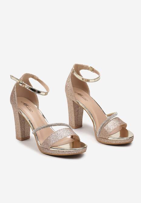 Złote Sandały na Obcasie Ozdobione Brokatowym Połyskiem i Cyrkoniami Sevana