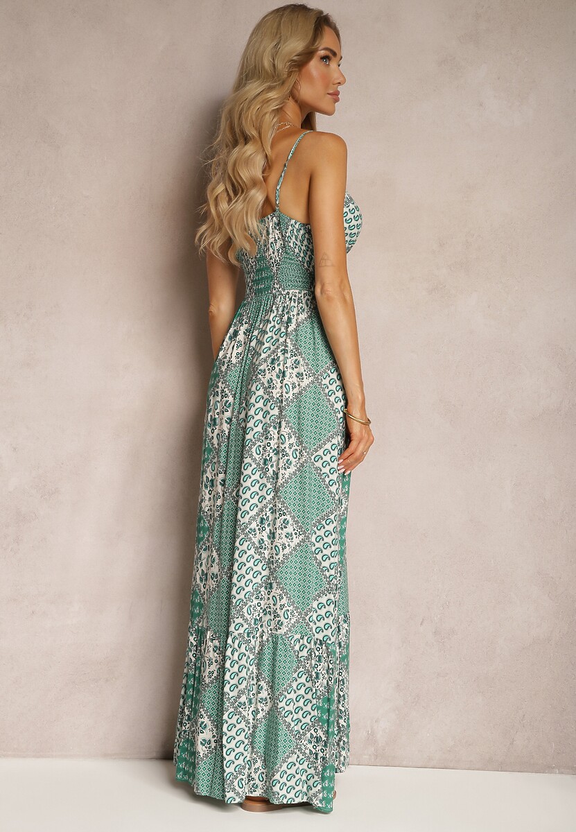 Zielona Boho Sukienka z Wiskozy z Gumką w Pasie i Trójkątnym Dekoltem Winsalia