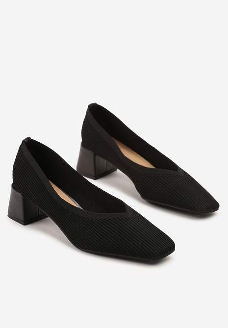 Czarne Prążkowane Czółenka na Słupkowym Obcasie Fenellin