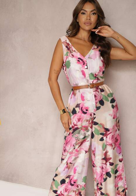 Różowy Taliowany Kombinezon na Ramiączkach w Kwiatowy Wzór Ilvitela