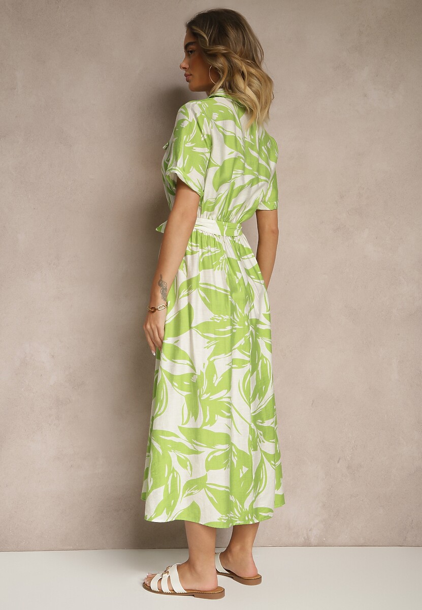 Zielona Koszulowa Sukienka z Wiskozy z Wiązanym Paskiem Ullosaria