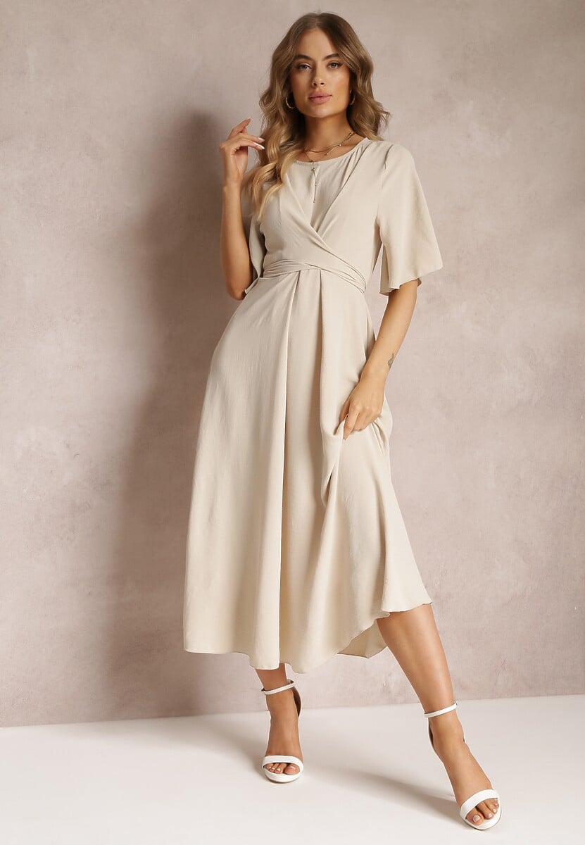 Beżowa Rozkloszowana Sukienka Maxi z Szerokim Rękawem i Gumką w Pasie Sador