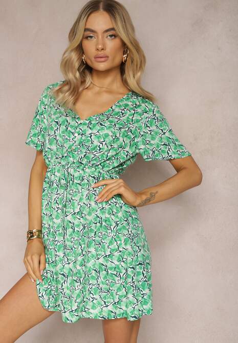 Zielona Wiskozowa Sukienka ze Sznureczkiem w Talii z Krótkimi Rękawami i Mozaikowym Printem Travei