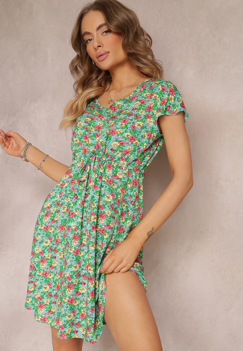 Biało-Zielona Kwiecista Sukienka Mini z Wiskozy z Krótkim Rękawem Ayela