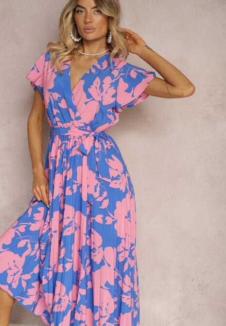 Niebiesko-Różowa Kopertowa Plisowana Sukienka Koktajlowa z Gumką i Paskiem w Talii Benelsea
