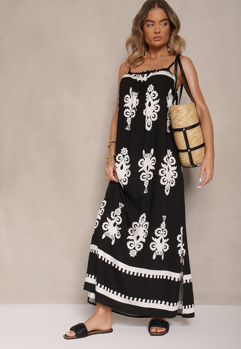 Czarna Rozkloszowana Sukienka na Ramiączkach w Ornamentalny Print Reveleine