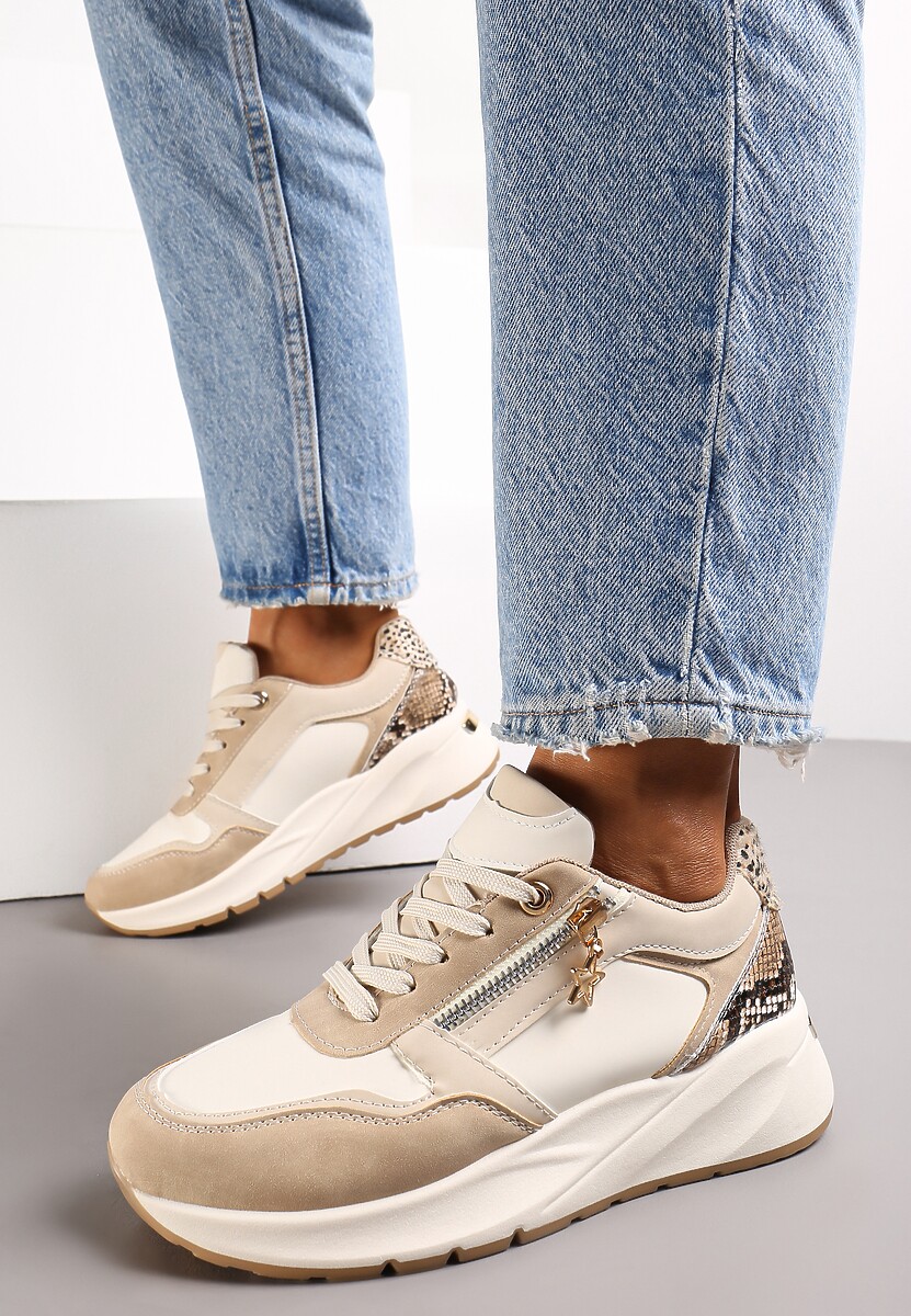 Beżowe Sneakersy na Platformie z Zamkiem Chrysanthi