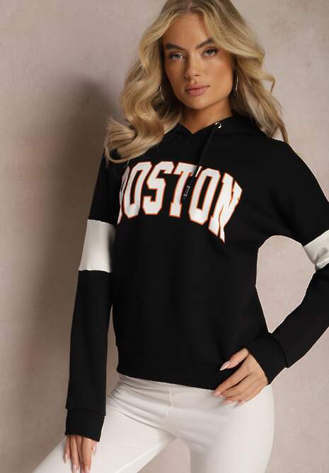 Czarna Bawełniana Bluza z Kapturem w Amerykańskim Stylu z Napisem i Polarem Iocaste