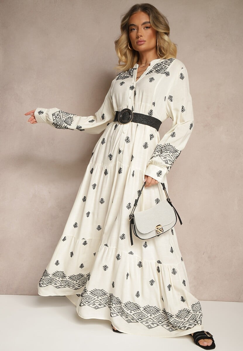 Biało-Czarna Rozkloszowana Sukienka Ozdobiona Haftem i Wzorem Boho Ronavere