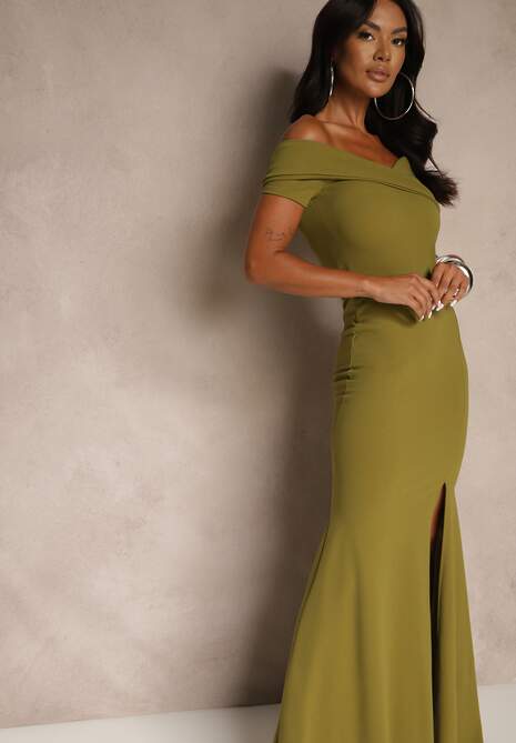 Jasnozielona Sukienka Koktajlowa Typu Hiszpanka z Rozcięciem na Nogę Hallomea