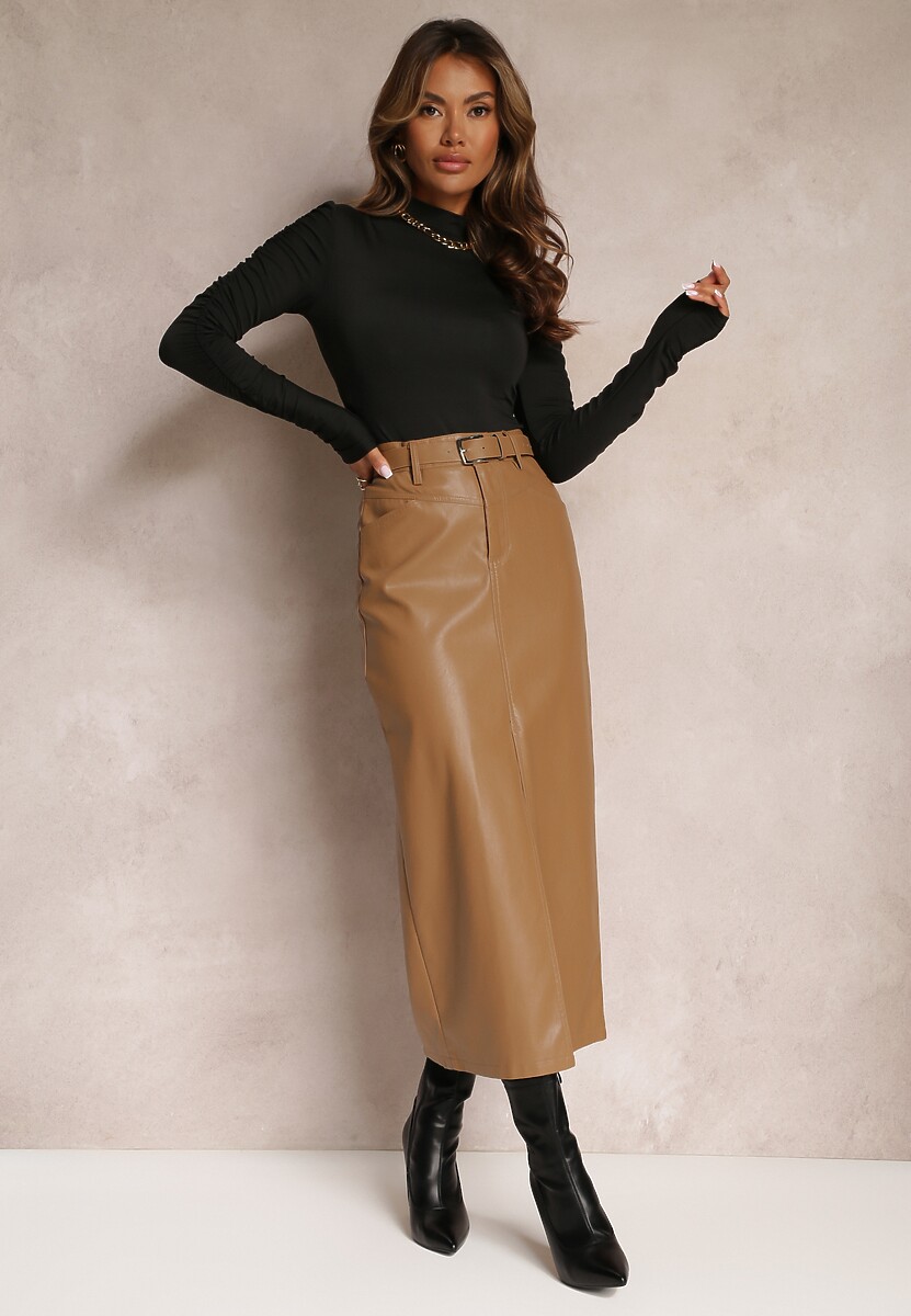 Czarna Ołówkowa Spódnica Maxi z Ekoskóry Evell