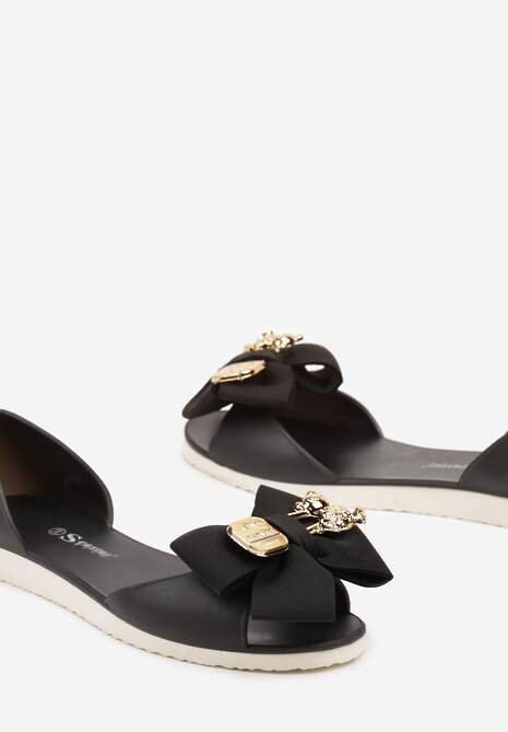 Czarne Meliski Balerinki Wsuwane z Aplikacjami i Kokardą Aurbea