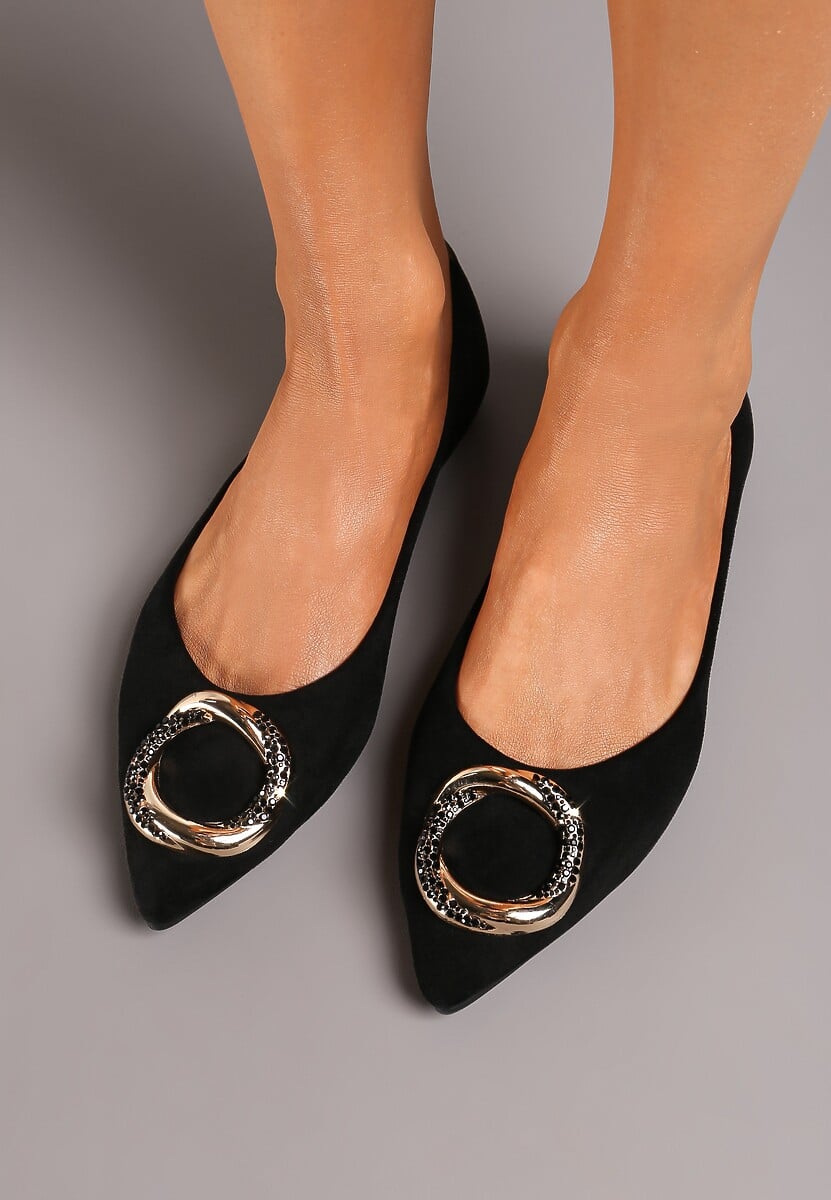 Czarne Płaskie Balerinki Ozdobione Aplikacją o Złotym Wykończeniu Edolia